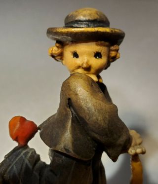 Vintage Anri Ferrandiz Wood Italy Boy Bird Walking Stick Hat Stepping Out 3.  5 "