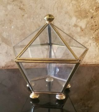 Vintage Brass And Glass Pentagon Trinket Display Case - Hinged & Footed