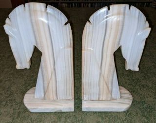 Vintage Trojan Horse Head Bookends Carved Onyx Rock Marble Book Ends.  6 3/4”