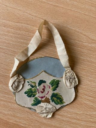 Antique/victorian Embroidered Bristol Board Needle Book Holder/ribbon Handle