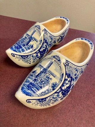 Pair Dutch Clogs Wooden Shoes Holland Hand Painted Windmill Blue & White