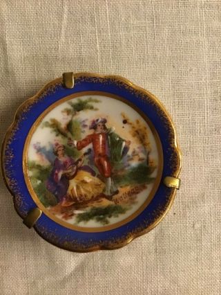 Vintage Limoges Dollhouse Miniature Porcelain Courting Couple Plate On Stand Blu