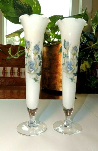 Footed Glass Vase Bud Flower Milk Ruffled Blue Rose Floral Long Stem Footed 10 "