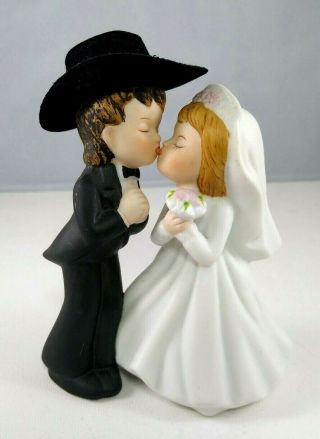 1983 Lefton 4.  25” Bride & Groom (cowboy Hat) Porcelain Cake Topper Wedding 03567