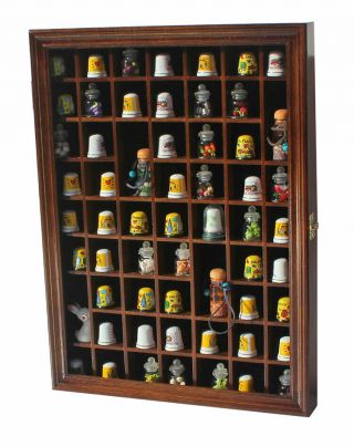 59 Thimble Display Case Shadow Box Wall Rack Cabinet,  Glass Door Walnut Finish