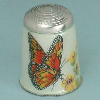 Vintage Enameled Butterflies English Sterling Silver Thimble Hallmarked 1984