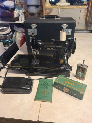 1951 Singer Featherweight 221 - 1 Sewing Machine W/ Case,  Attachments Centennial