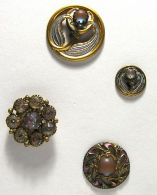 Card Of 4 Antique Saphiret Glass Set In Metal Buttons Painted Details