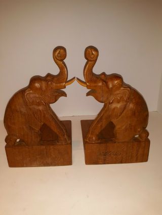 Hand Carved Wooden Elephant Bookends Vintage Mid Century Hinged