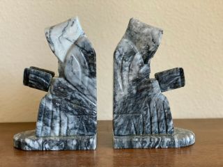 2 Monk Priest Men Reading Black Onyx Marble Bookends