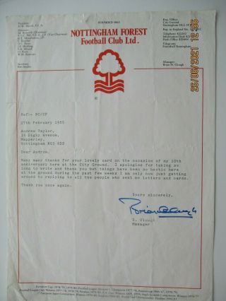 Correspondence From Brian Clough Football Manager Notts Forest