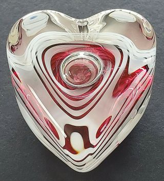 Vtg Handmade Art Glass Paperweight Studio Crystal Deep Heart Center Pink Signed