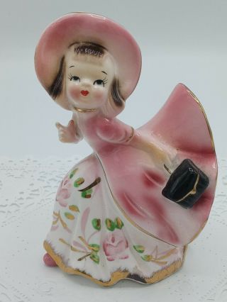 Vintage Girl In Pink Cape Figurine Floral Gold Trim Dress Handpainted 5 "