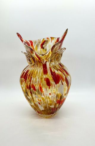Art Glass Owl Vase Murano Style Red,  White,  Gold Glitter Sommerso
