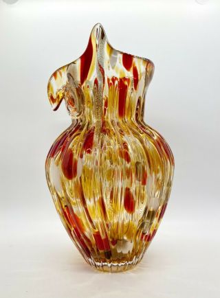 Art Glass Owl Vase Murano Style Red,  White,  Gold Glitter Sommerso 2