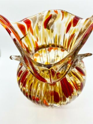 Art Glass Owl Vase Murano Style Red,  White,  Gold Glitter Sommerso 3