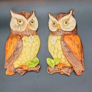 Vintage 1970s Pair Lefton Owls Wall Hanging Plaques Ceramic Mcm Kitchen Decor
