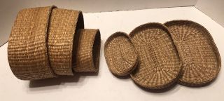 Vintage 3 Hand Woven Nesting Baskets With Lids.