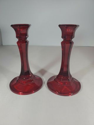 2 Vintage Indiana Glass Ruby Red Candlesticks Tapered Candle Holders 6 Inch Tall