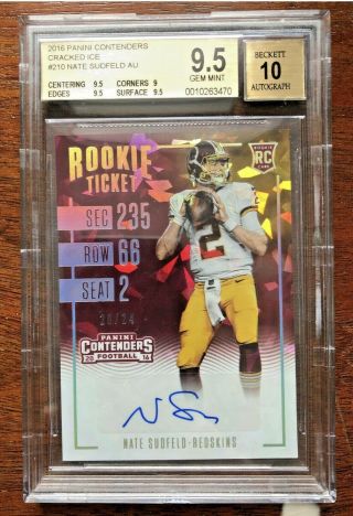 Nate Sudfeld 2016 Contenders Cracked Ice /24 Bgs 9.  5 Rookie Auto Rc Eagles