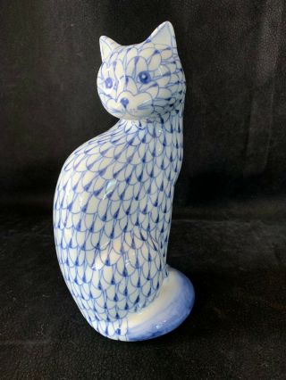 Vintage Blue And White Cat Porcelain Figurine Hand Painted Andrea Sadek Thailand