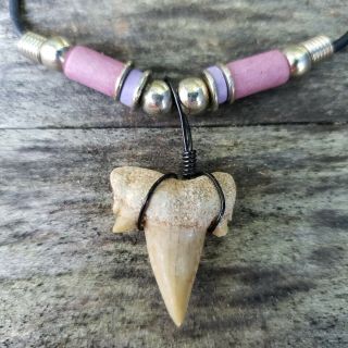 Black Wire Shark Tooth Necklace With Lavender Beads