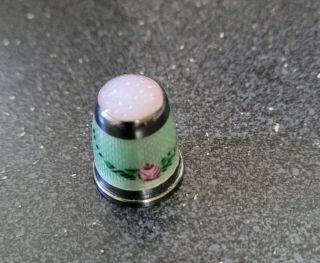 Vintage Sterling Silver Guilloche Enamel With Roses Pink Glass Top Thimble Sz5