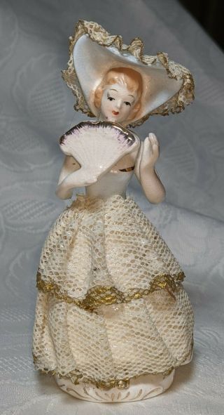 Vintage 6 " Porcelain Figurine With Lace Fan Blue Dress Hat Made Japan 31/15