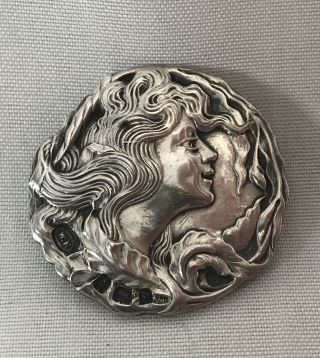 1902 Art Nouveau Woman Mucha Style William M Wm Hayes Solid Silver Button Jb1