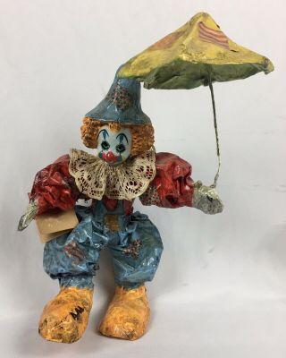 Vintage Creepy Clown Hand Crafted Paper Mache Mexico Folk Art Artist Signed 12”
