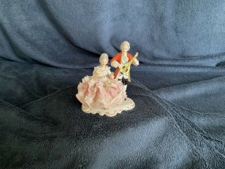 Vintage 4.  75” Tall Germany Dresden Lace Figurine - Couple,  Man Plays Lute
