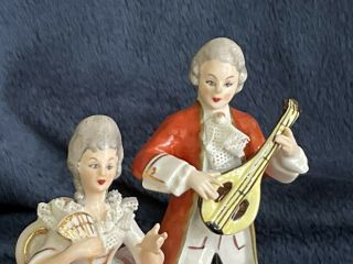 Vintage 4.  75” Tall GERMANY Dresden Lace Figurine - Couple,  Man Plays Lute 2