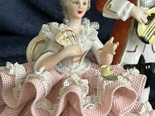 Vintage 4.  75” Tall GERMANY Dresden Lace Figurine - Couple,  Man Plays Lute 3