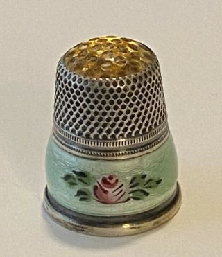 Vintage Sterling Silver Guilloche Enamel With Roses Yellow Glass Top Thimble Sz8