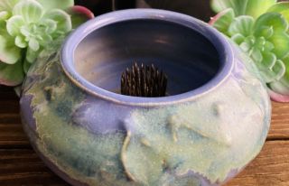 Vintage Ikebana Green And Blue Glazed Ceramic Vase With Floral Frog Signed