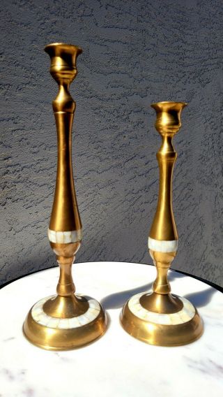 Vintage Pair Brass Mother Of Pearl Inlaid Candlesticks 12 " & 10 " See Photos.