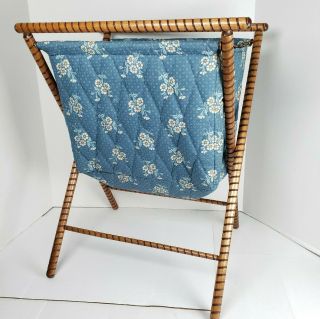Vintage Folding Sewing Knitting Basket Cloth Bag Fabric Wood Frame Craft Caddy