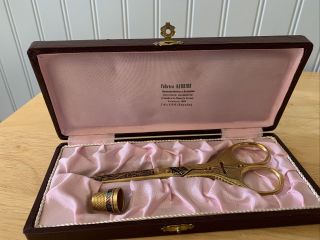Vtg Ornate Black & Gold Tone 6 " Sewing Scissors & Thimble Toledo Spain Art Box