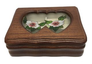 Vintage Deco Wooden Jewelry Trinket Storage Small Box Stained Floral Glass Chest
