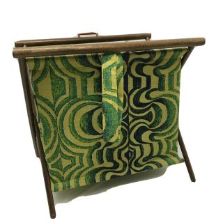 Vintage Knitting Sewing Yarn Cloth Bag Folding Wood Frame Basket Green