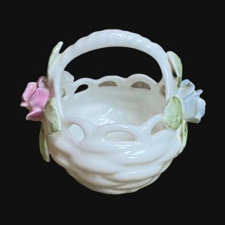 Vintage Rpa Small Bone China Trinket Basket With A Pink And Blue Rose On Sides
