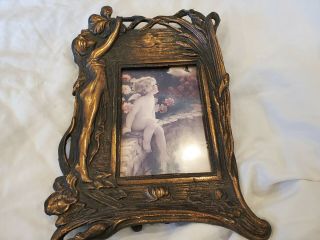 Vintage Art Nouveau Brass Picture Frame Lady W/ Flowers 7 X 11