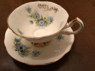 Queen Anne Blue Bachelor Buttons Happy Birthday Bone China Cup & Saucer