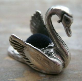 Sweet Antique Style Solid Silver 925 Miniature Swan Pin Cushion - Blue Velvet