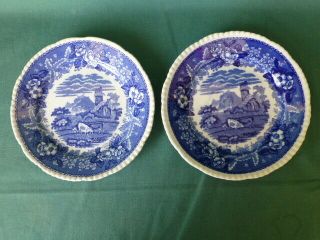 Two Blue And White Antique Adams W.  A.  Ss Ironstone Cattle Scenery Plates