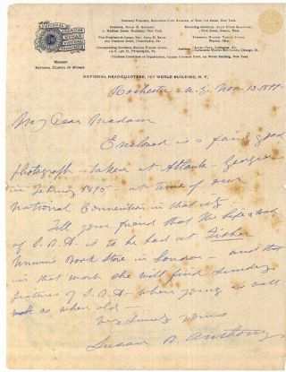 Susan B Anthony Signed Letter - Suffragette / Women 