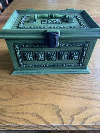 Vintage 70’s Retro Max Klein Green Faux Wood Handled Sewing Box Removable Tray