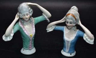 2 Large 4 And 1/2 " Antique German Porcelain Half Dolls Pincushion Arms Away