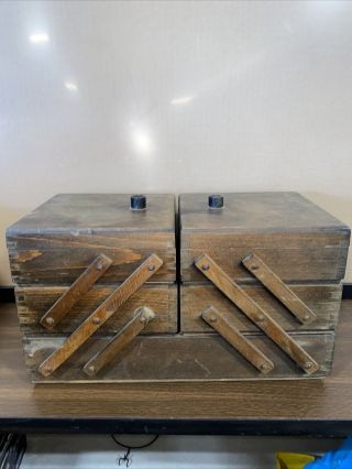 Vintage Wood Folding Sewing Chest Accordion Style Expandable Storage Box Black