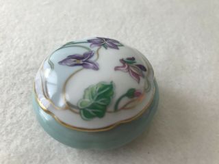 Limoges Castel France Lidded Trinket Dish Aqua Lavender Flowers 2 " Fait Main